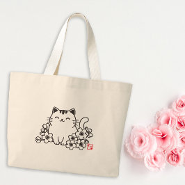 Schattigee japanse kat en sakura met "neko" stempe grote tote bag