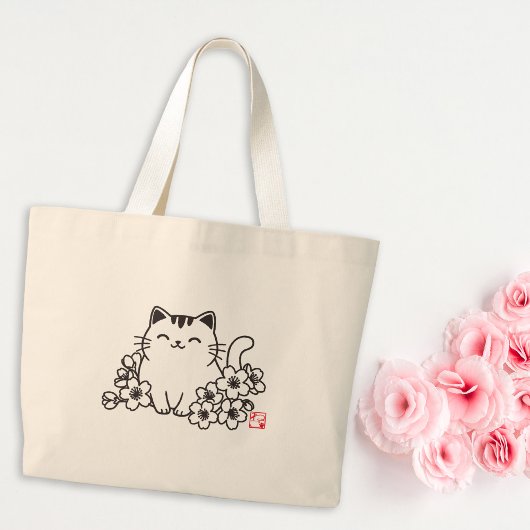 Schattigee japanse kat en sakura met "neko" stempe grote tote bag