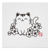 Schattigee japanse kat en sakura met "neko" stempe perfect poster (Voorkant)