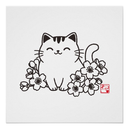 Schattigee japanse kat en sakura met "neko" stempe perfect poster (Voorkant)