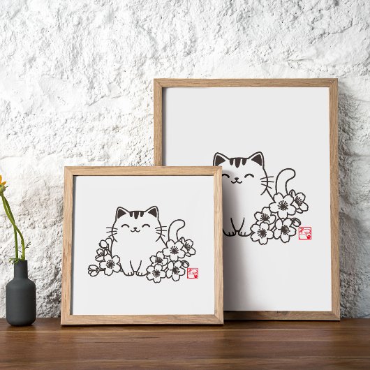 Schattigee japanse kat en sakura met "neko" stempe poster