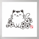 Schattigee japanse kat en sakura met "neko" stempe poster (Voorkant)