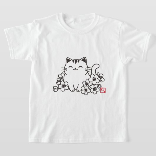 Schattigee japanse kat en sakura met "neko" stempe t-shirt (Laagn)