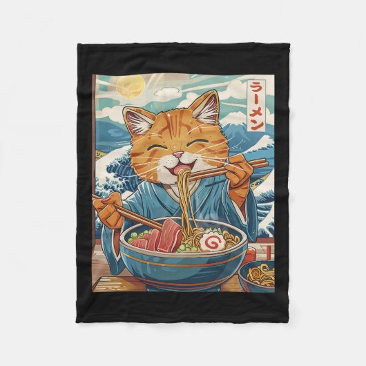 Schattigee Japanse Ramen Cat The Great Wave Fleece Deken (Voorkant)