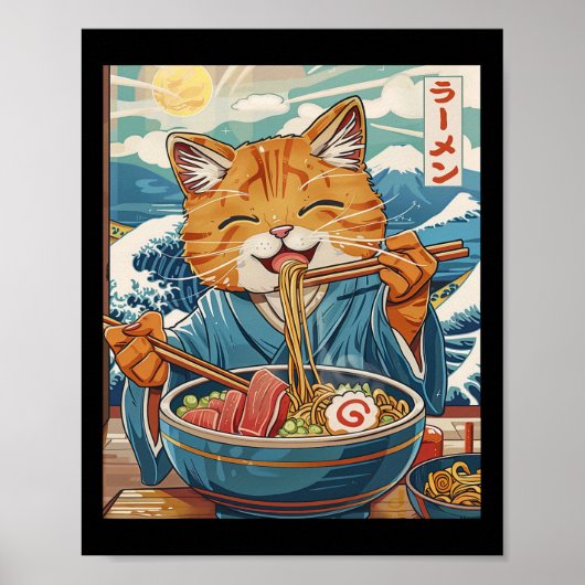 Schattigee Japanse Ramen Cat The Great Wave Poster (Voorkant)
