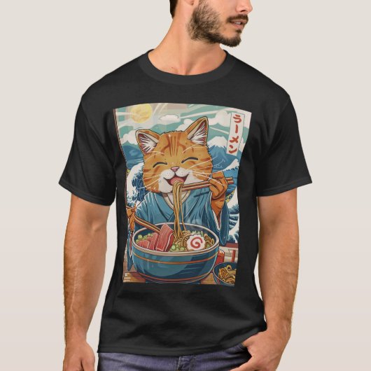 Schattigee Japanse Ramen Cat The Great Wave T-shirt (Voorkant)