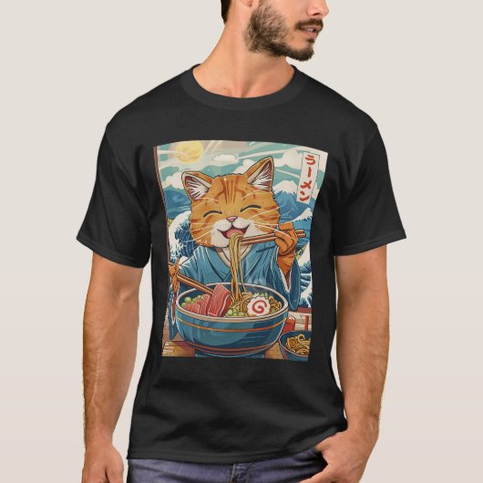 Schattigee Japanse Ramen Cat The Great Wave T-shirt (Voorkant)