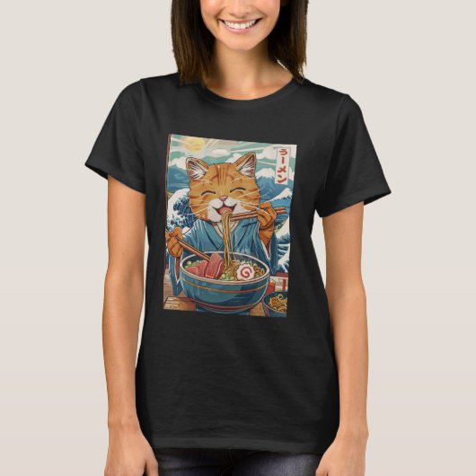 Schattigee Japanse Ramen Cat The Great Wave T-shirt (Voorkant)