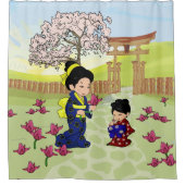 Schattigee Japanse Stijlillustratie Douchegordijn (Voorkant)