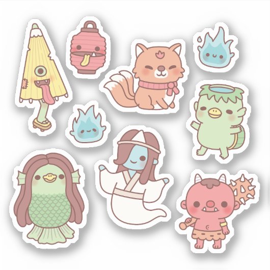 Schattigee Japanse Yokai demonen en geesten Sticker (Voorkant)