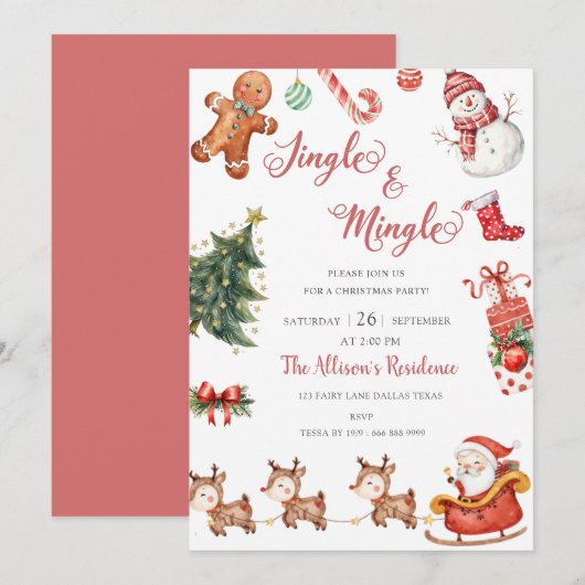 Schattigee Jingle & Mingle Red Christmas Party Kaart (Voorkant / Achterkant)