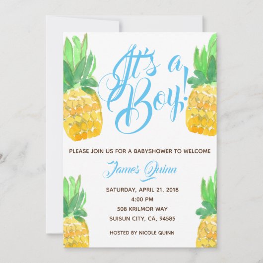 Schattigee jongen ananas tropisch baby shower uitn kaart (Voorkant)