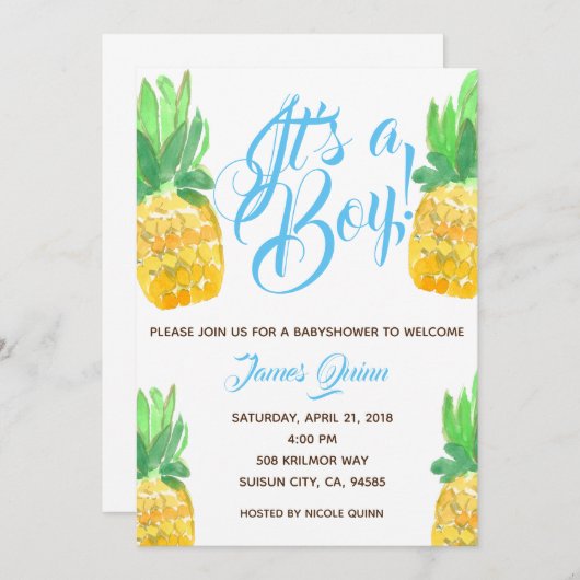 Schattigee jongen ananas tropisch baby shower uitn kaart (Voorkant / Achterkant)