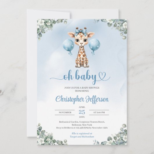 Schattigee jongen baby giraffe eucalyptus baby sho kaart (Voorkant)