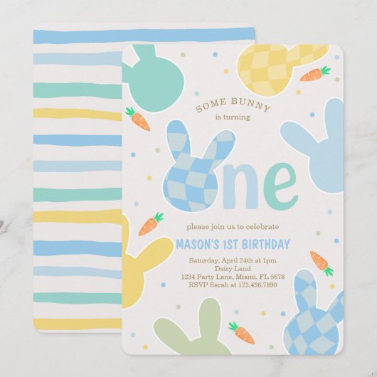 Schattigee Jongen Bunny 1e Verjaardag Kaart (Voorkant / Achterkant)