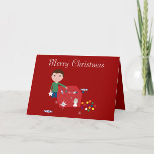 Schattigee Jongen & Decoratie Doos Rode Kerst Kaar Feestdagen Kaart