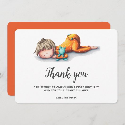 Schattigee jongen eerste verjaardag bedankkaart (Voorkant / Achterkant)