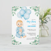 Schattigee jongen moderne eucalyptus blauwe ballon kaart (Staand voorkant)