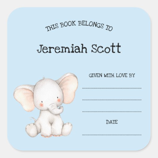 Schattigee jongen olifant baby shower bookplate vierkante sticker (Voorkant)