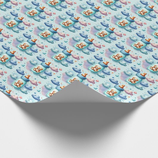 Schattigee jongens flesje betegeld baby shower cadeaupapier (Hoek)