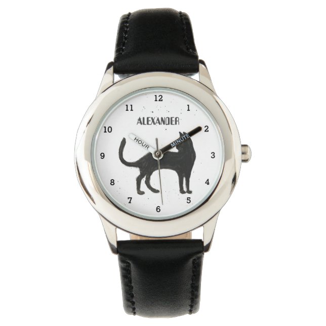 Schattigee Jongens Zwarte Kat Dier Kinder Kat Kitt Horloge (Voorkant)