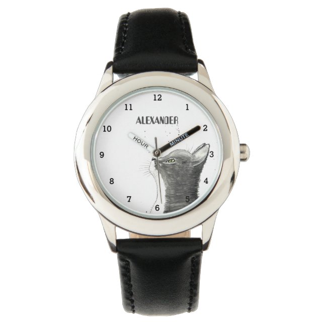 Schattigee Jongens Zwarte Kat Dier Kinder Kat Kitt Horloge (Voorkant)