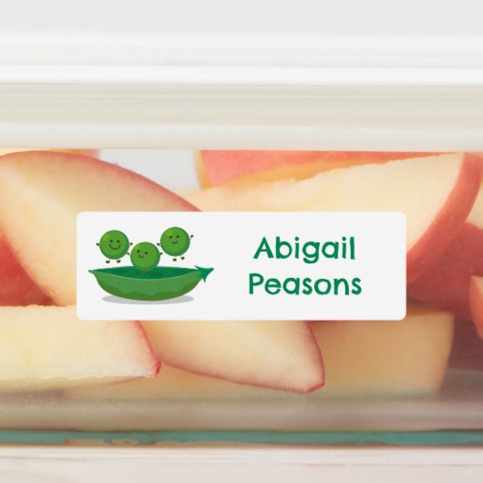 Schattigee jumping erwten in pod cartoon gepersona labels (Aangebracht)