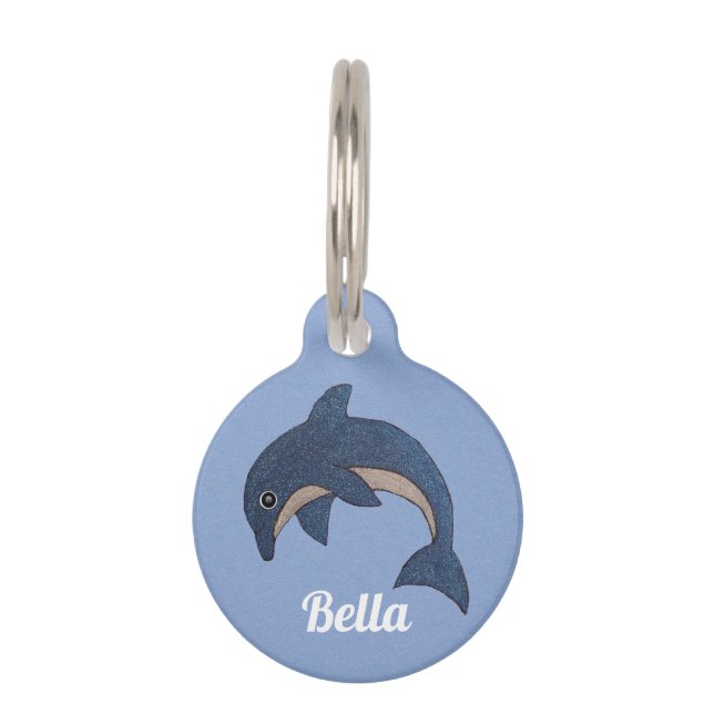 Schattigee Jumping Glittery Dolfijn Donkerblauw en Huisdierpenning (Voorkant)
