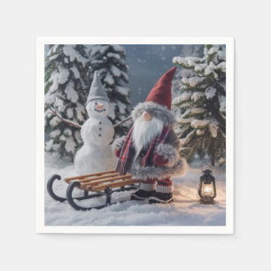 Schattigee kabouter in Santa kleding met een slee Servet