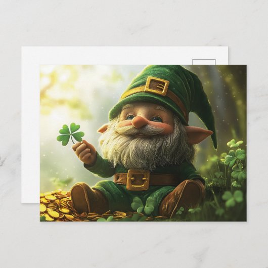 Schattigee kabouter leprechaun met klavertjes en k briefkaart (Voorkant / Achterkant)