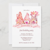 Schattigee kabouters ballonnen roze eerste verjaar kaart (Voorkant)