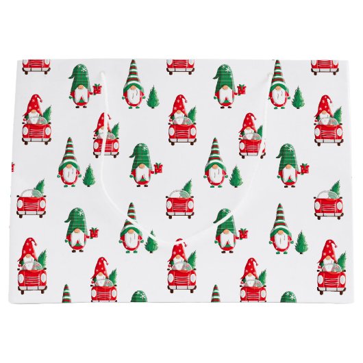 Schattigee kabouters kerstboom op  rode auto groot cadeauzakje (Voorkant)