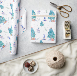 Schattigee kabouters Waterverf Blue Christmas Snow Cadeaupapier