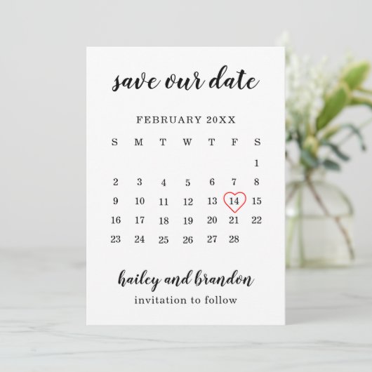 Schattigee Kalender Rood Hart Modern Bruiloft Save The Date (Staand voorkant)