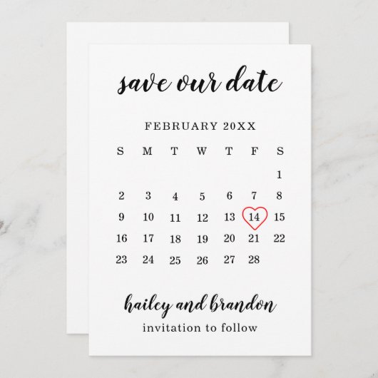 Schattigee Kalender Rood Hart Modern Bruiloft Save The Date (Voorkant / Achterkant)