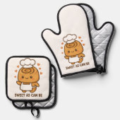 "Schattigee kaneelbroodchef - Kawaii Baking Design Ovenwant & Pannenlap Set (Voorkant / Achterkant)