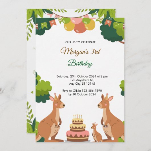 Schattigee Kangaroo Party verjaardagsuitnodiging Kaart (Voorkant / Achterkant)