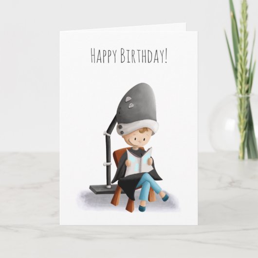 Schattigee kapper meisje haardroger verjaardag kaart (Voorkant)