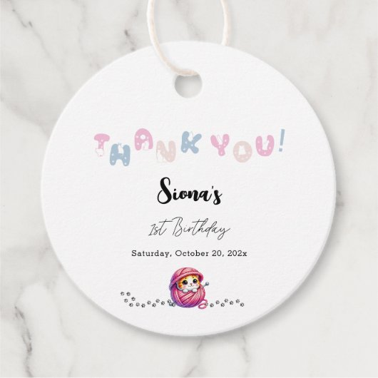 Schattigee kat 1e verjaardag bedankjes labels (Voorkant)