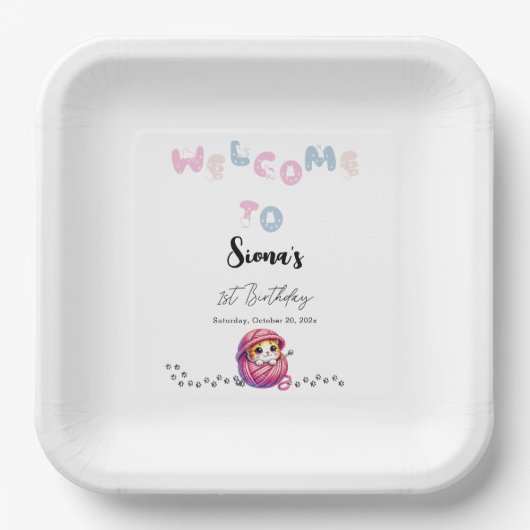 Schattigee kat 1e verjaardag papieren bordje (Voorkant)