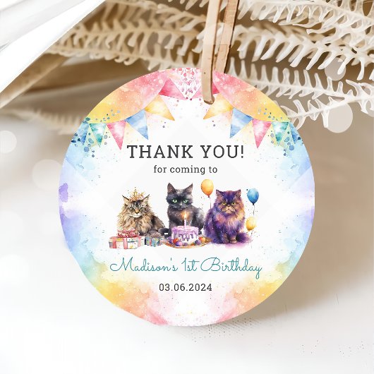 Schattigee kat 1e verjaardagsfeestje bedankjes labels