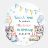 Schattigee kat 1e verjaardagsfeestje ronde sticker (Voorkant)