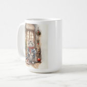 Schattigee kat bij kerstjas en sjaal koffiemok (Voorkant links)