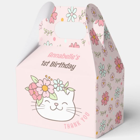 Schattigee Kat Bloemen Roze Meisje 1e Verjaardag G Bedankdoosjes (Achterkant)