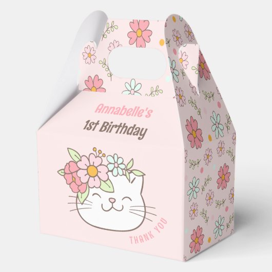 Schattigee Kat Bloemen Roze Meisje 1e Verjaardag M Bedankdoosjes (Voorkant)