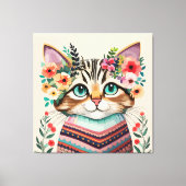Schattigee Kat Bloemen Waterverf Canvas Afdruk (Voorkant)
