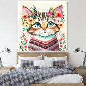 Schattigee Kat Bloemen Waterverf Canvas Afdruk (Insitu (Slaapkamer))