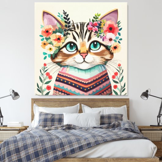 Schattigee Kat Bloemen Waterverf Canvas Afdruk (Insitu (Slaapkamer))