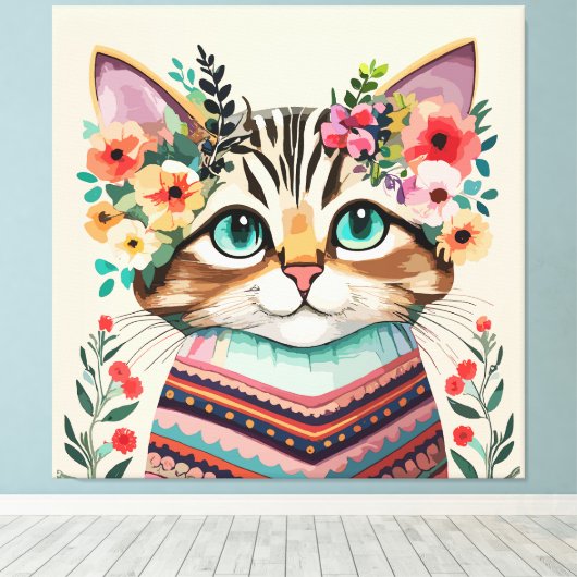 Schattigee Kat Bloemen Waterverf Canvas Afdruk (Insitu (Houten vloer))