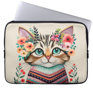 Schattigee Kat Bloemen Waterverf Laptop Sleeve